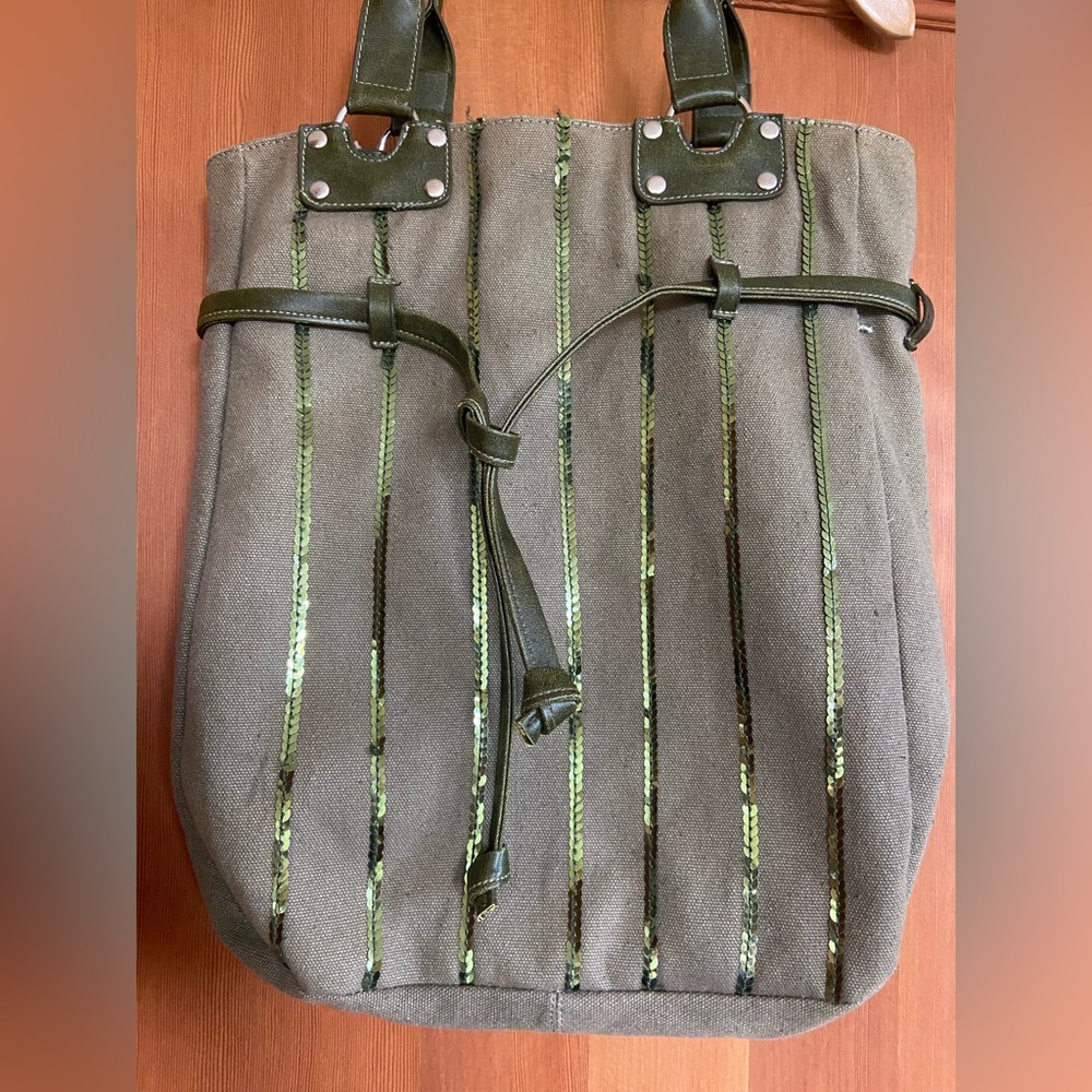Army Green Canvas Tote With Sequin Detailing - image 2